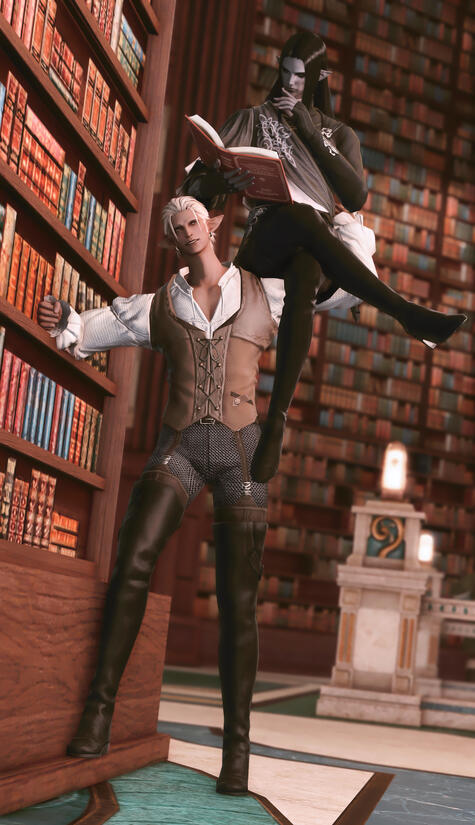 Sariel and Trevellain in the Old Sharlayan library, with Trevellain holding Sariel up as the slim mage sits on the other's arm leisurely.