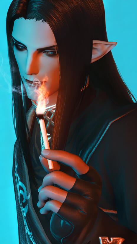 Sariel looking into the camera, smirking as he holds a freshly lit match towards the photo taker.