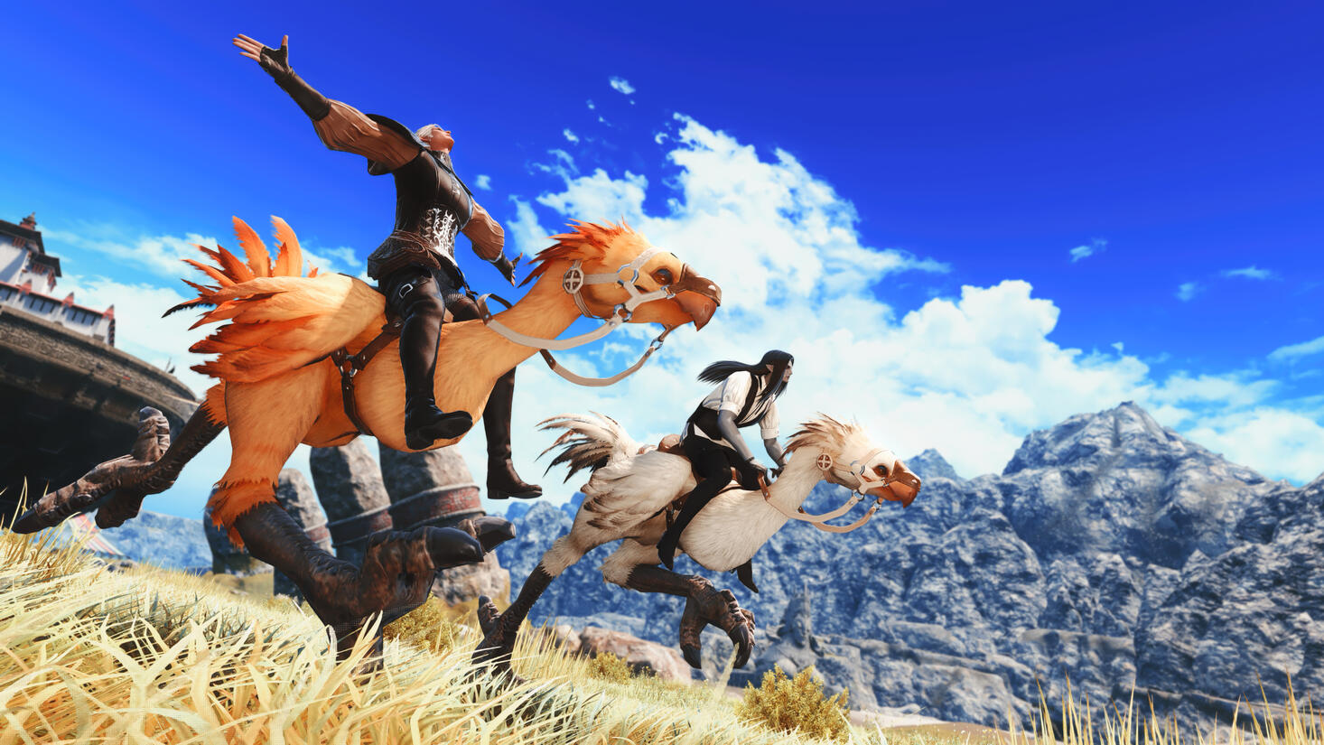 Sariel and Trevellain traversing the Azem Steppe with chocobos.