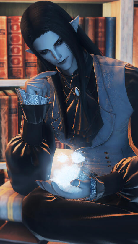 Sariel sitting down on a recliner, looking down at his hand where he has formed some frosty recreations of elpis flowers.