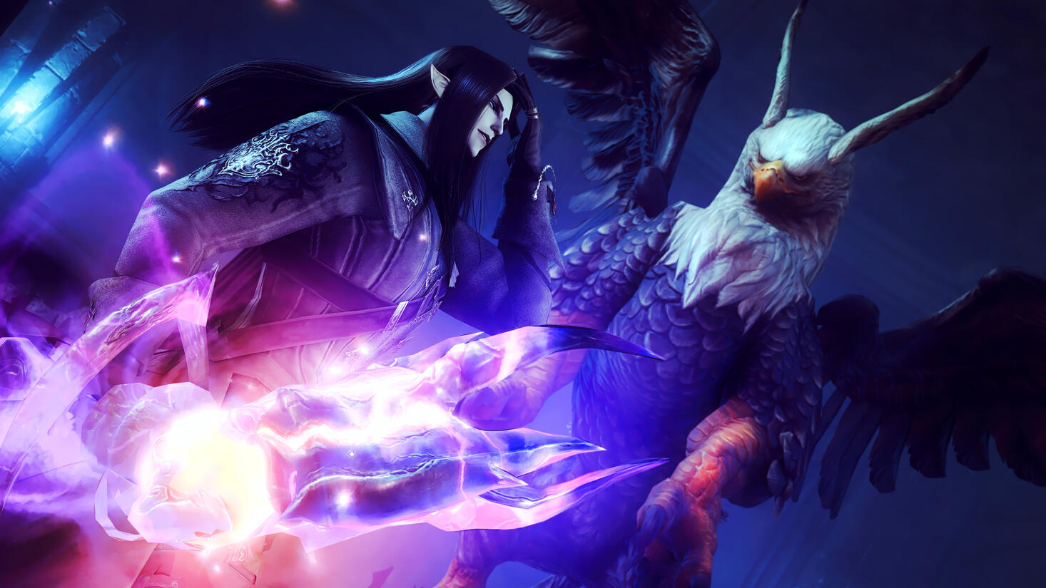 Sariel locked in battle with a Griffin, combing the hair off of his face after the foe had messed up his hairdo.