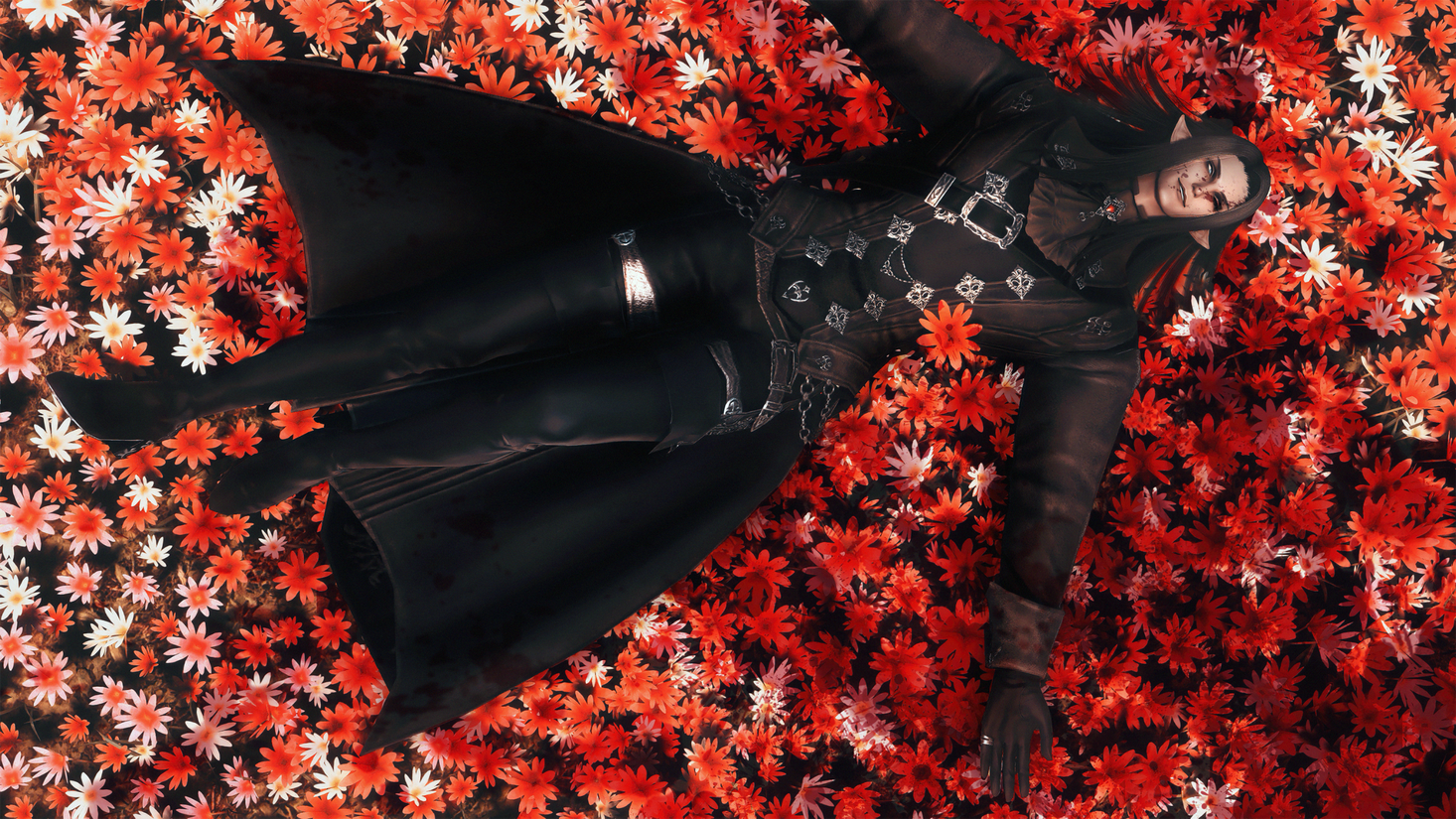 Sariel laying down amidst bloody flowers at the Royal Menagerie after battling Zenos for the first time, a satisfied smile on his lips as exhaustion takes over his body.