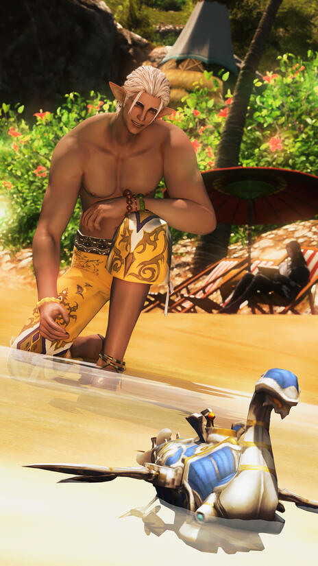 Trevellain letting a miniature ship into the ocean, watching it as it sails away. Sariel is in the background reading a book, without wearing any beach gear of course.