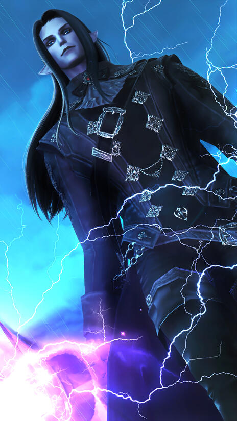 Sariel in battle stance. He is looking down on his opponent that he's paralyzed with his thunder, a smirk rising to his lips.